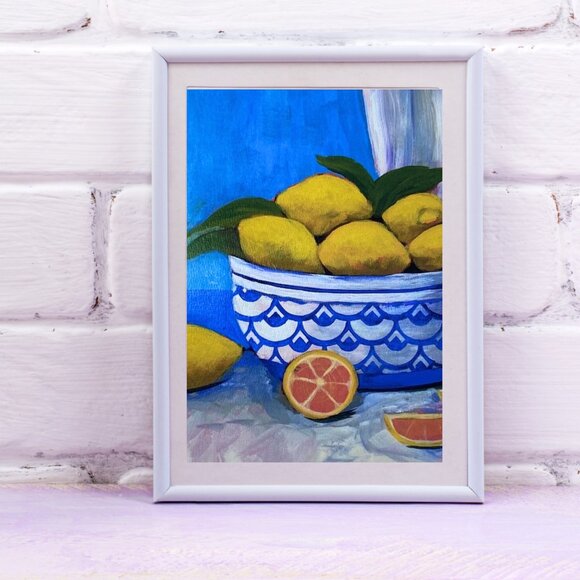 Lemons in A Fruit Bowl Original Artwork, 5 "X7"  Mini Art Print,  Wall Decor - Picture 3 of 9